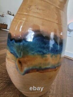 Vintage HANDCRAFTED STUDIO POTTERY LARGE VASE SIGNED Tan Blue Free Shipping