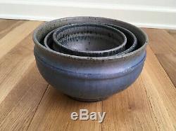 Vintage Hand Made Studio Pottery Bowl Set graduating sizes Purple Lavender Blue