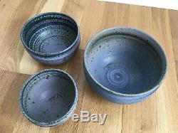 Vintage Hand Made Studio Pottery Bowl Set graduating sizes Purple Lavender Blue