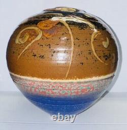 Vintage Hand Thrown Raku Pottery Vase Large Beautiful Colorful Vessel 9.5Tx 9W