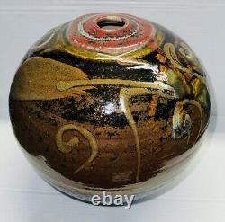 Vintage Hand Thrown Raku Pottery Vase Large Beautiful Colorful Vessel 9.5Tx 9W