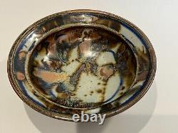 Vintage Hand Thrown Studio Art Pottery Bowl in Drip Glaze Brown & Blue, Signed