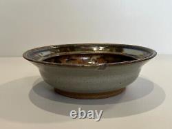 Vintage Hand Thrown Studio Art Pottery Bowl in Drip Glaze Brown & Blue, Signed