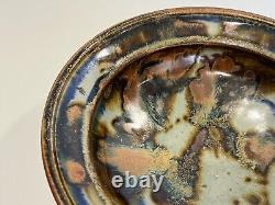 Vintage Hand Thrown Studio Art Pottery Bowl in Drip Glaze Brown & Blue, Signed