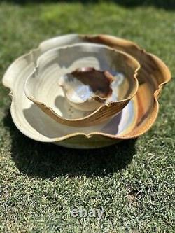 Vintage Hand Thrown Studio Pottery Nesting Bowls, Signed Set Of 3 in Earth Tones