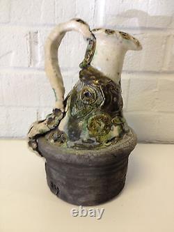 Vintage Jane Reuter Hitzeman Signed Studio Pottery Abstract Decorated Pitcher