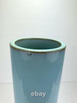 Vintage Japanese Art Pottery Vase Mid Century Modern Blue Cylindrical Japan 13