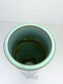 Vintage Japanese Art Pottery Vase Mid Century Modern Blue Cylindrical Japan 13