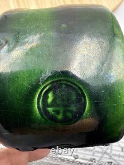 Vintage Japanese Green Glazed Ikebana Vase Signed Mid-Century Studio Pottery