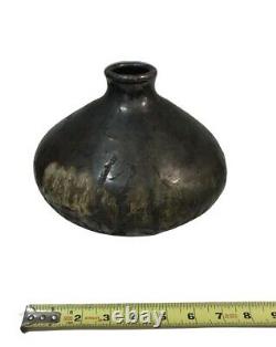 Vintage Japanese Raku Studio Pottery Crystal Glaze Black Ash Vase
