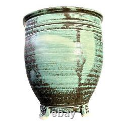 Vintage Japanese Style Footed Green Studio Pottery Vessel Vase