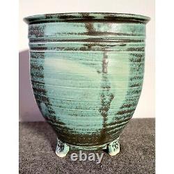 Vintage Japanese Style Footed Green Studio Pottery Vessel Vase