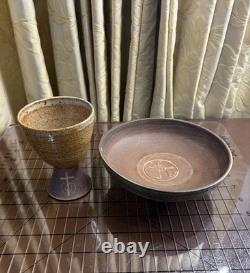 Vintage Joe Arnett Signed Studio Pottery Communion Set Chalice & Paten Cross XL