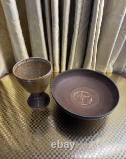 Vintage Joe Arnett Signed Studio Pottery Communion Set Chalice & Paten Cross XL