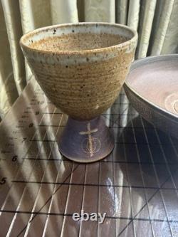 Vintage Joe Arnett Signed Studio Pottery Communion Set Chalice & Paten Cross XL