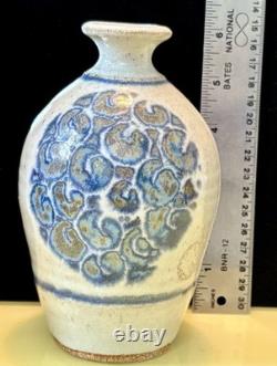 Vintage John Fassbinder Studio Art Pottery. Stoneware Vase Blue Decoration Signed