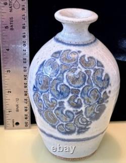 Vintage John Fassbinder Studio Art Pottery. Stoneware Vase Blue Decoration Signed