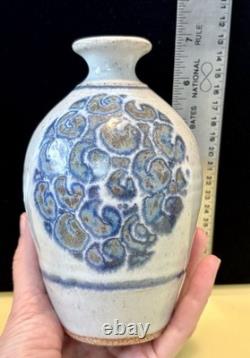 Vintage John Fassbinder Studio Art Pottery. Stoneware Vase Blue Decoration Signed