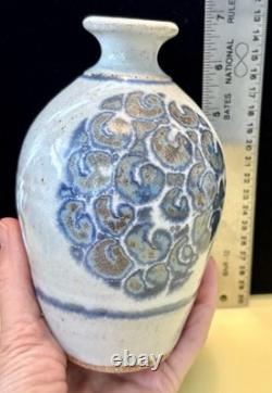 Vintage John Fassbinder Studio Art Pottery. Stoneware Vase Blue Decoration Signed