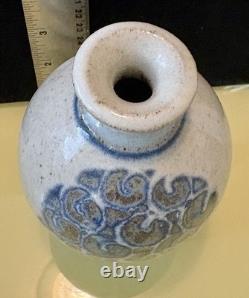 Vintage John Fassbinder Studio Art Pottery. Stoneware Vase Blue Decoration Signed