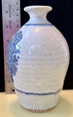Vintage John Fassbinder Studio Art Pottery. Stoneware Vase Blue Decoration Signed