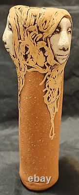 Vintage Jude Holdsworth 3 Faces Studio Pottery Vase 7.25 tall Spaghetti hair te