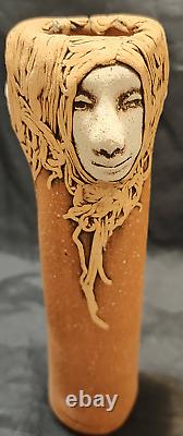 Vintage Jude Holdsworth 3 Faces Studio Pottery Vase 7.25 tall Spaghetti hair te
