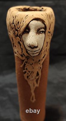 Vintage Jude Holdsworth 3 Faces Studio Pottery Vase 7.25 tall Spaghetti hair te