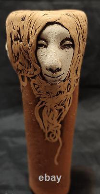 Vintage Jude Holdsworth 3 Faces Studio Pottery Vase 7.25 tall Spaghetti hair te