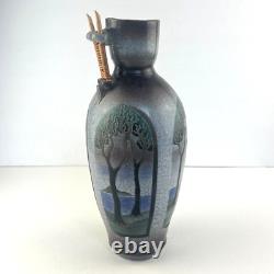 Vintage Ken Jensen Studio Pottery Vase Raku Ocean Mountains Trees Artisan Signed