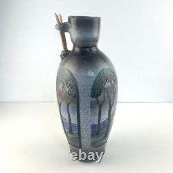 Vintage Ken Jensen Studio Pottery Vase Raku Ocean Mountains Trees Artisan Signed
