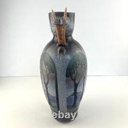 Vintage Ken Jensen Studio Pottery Vase Raku Ocean Mountains Trees Artisan Signed