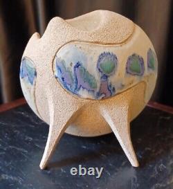 Vintage Ken Pick Signed Studio Art Pottery Abstract Footed Vase Signed MCM