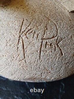 Vintage Ken Pick Signed Studio Art Pottery Abstract Footed Vase Signed MCM