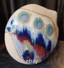Vintage Ken Pick Signed Studio Art Pottery Abstract Footed Vase Signed MCM