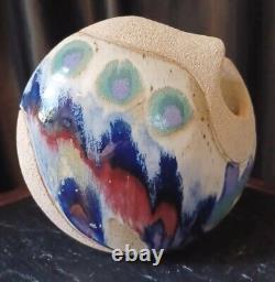 Vintage Ken Pick Signed Studio Art Pottery Abstract Footed Vase Signed MCM