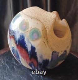 Vintage Ken Pick Signed Studio Art Pottery Abstract Footed Vase Signed MCM