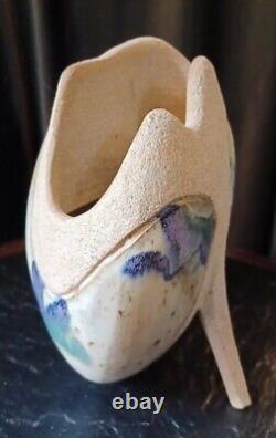Vintage Ken Pick Signed Studio Art Pottery Abstract Footed Vase Signed MCM