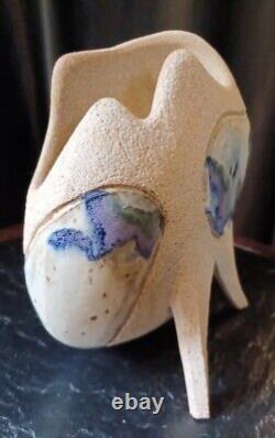 Vintage Ken Pick Signed Studio Art Pottery Abstract Footed Vase Signed MCM