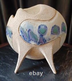 Vintage Ken Pick Signed Studio Art Pottery Abstract Footed Vase Signed MCM