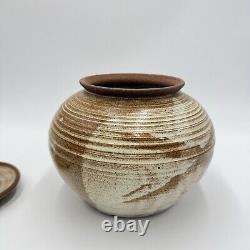 Vintage Lake Superior Art Studio Pottery Jar speckled brown ombre glaze Lidded