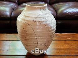 Vintage Large 12 Raku Horse Hair Crackle Glaze Studio Pottery Vase signed