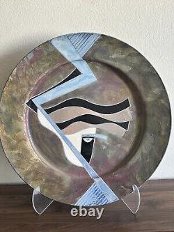 Vintage Large 27 Iridescent Raku Abstract Face Pottery Decorative Plate Signed
