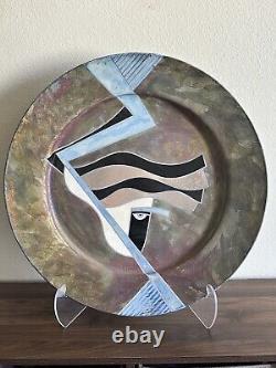 Vintage Large 27 Iridescent Raku Abstract Face Pottery Decorative Plate Signed