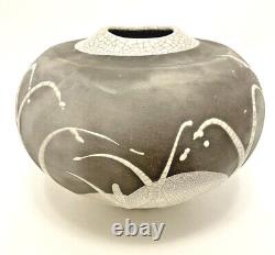 Vintage Large Raku Tony Evans 8 T x 9 D Pottery Vase Signed #75 Gray/White
