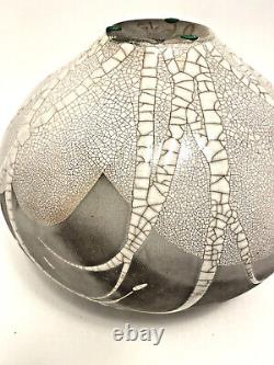 Vintage Large Raku Tony Evans 8 T x 9 D Pottery Vase Signed #75 Gray/White