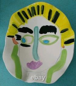 Vintage Large Studio Pottery Painting Bowl Portrait Colorful signed Tmast