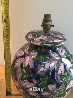 Vintage Large Studio Pottery Table Lamp Green / Purple / Navy 8 W X 13 Tall
