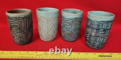 Vintage MCM 4 Puerto Rican Studio Pottery Gray Blue Tumblers Signed