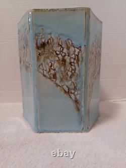 Vintage MCM Ceramic Studio Art Pottery Vase 8.5 Tall Hexagon Signed Spillman